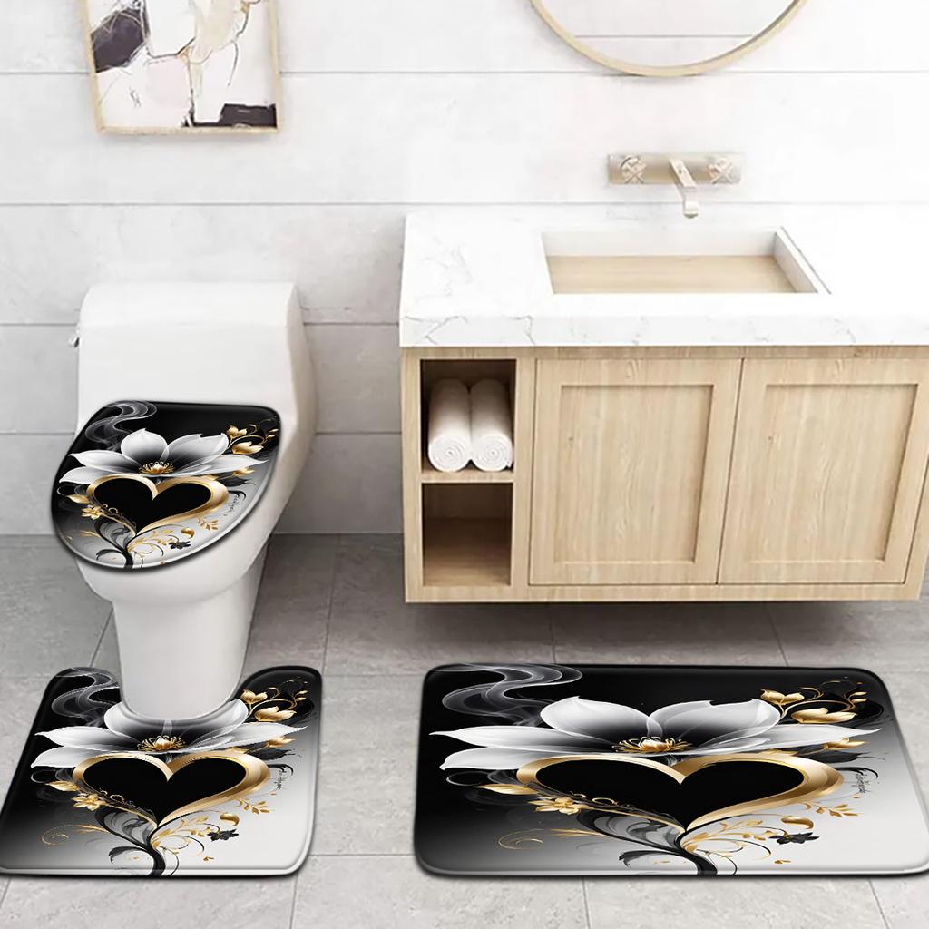 3pcs Elegant Black Golden Floral Bath Mat Set - Non-Slip, Fade-Resistant Polyester Floor Mats for Toilet Bathtub  Shower Area