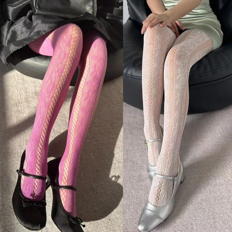 Women French Style Vintage Fishnet Pantyhose Rose Jacquard Patterned Sheer Mesh Tights Side Hollow Out Striped Stockings
