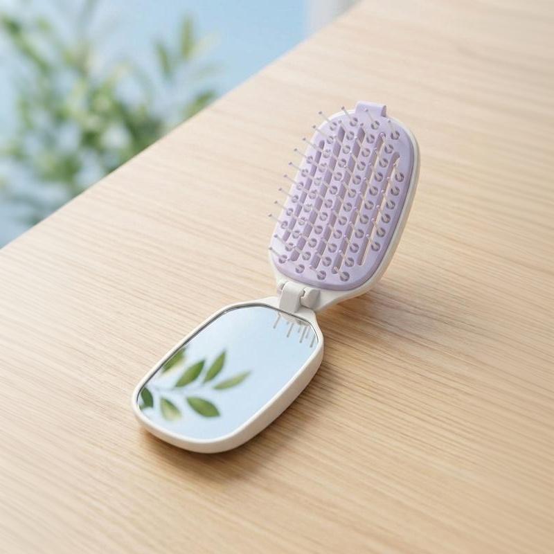 2 In 1 Travel Folding Hair Comb With Built-In Makeup Mirror One Key Hair Remover Air Cushion Detangling Scalp Massage Hairbrush