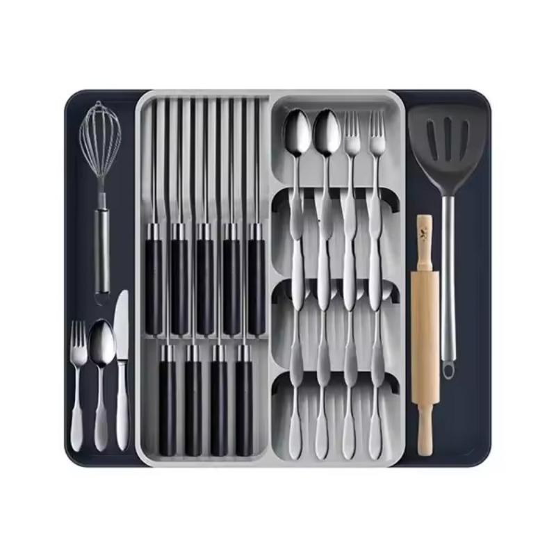 Expandable Silverware Drawer Organizer with Knife Holder Adjustable Flatware and Cutlery Tray for Spoons Forks Kitchen Utensil