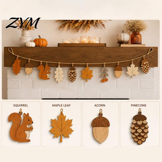 Sonnengebleichte Holzkunst Herbst Holzgirlande Dekoration, Rustikales Herbst Hängendes Ornament mit Eichhörnchen Terrassendekoration Ahornblatt Tannenzapfen, Ernte