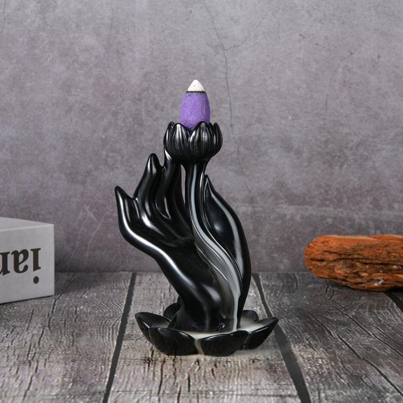 Buddha Hand Lotus Rückfluss Räuchergefäß, Wasserfall Räuchergefäß, Rückfluss Räuchergefäß handgefertigt Harz Wasserfall Räucherhalter