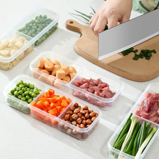 2Pcs Slim Meal Prep Boxes with Lids Long Clear Snack Containers with 2 or 3 Compartments Narrow Stackable Refrigerator Organizer for Fridge Pantry