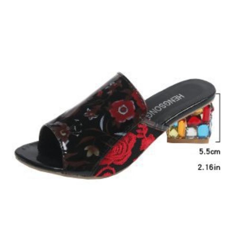 

Embroidered open-toed high-heeled slippers women s large-size thick-heeled printed one-word fashion cool slippers ebay 35