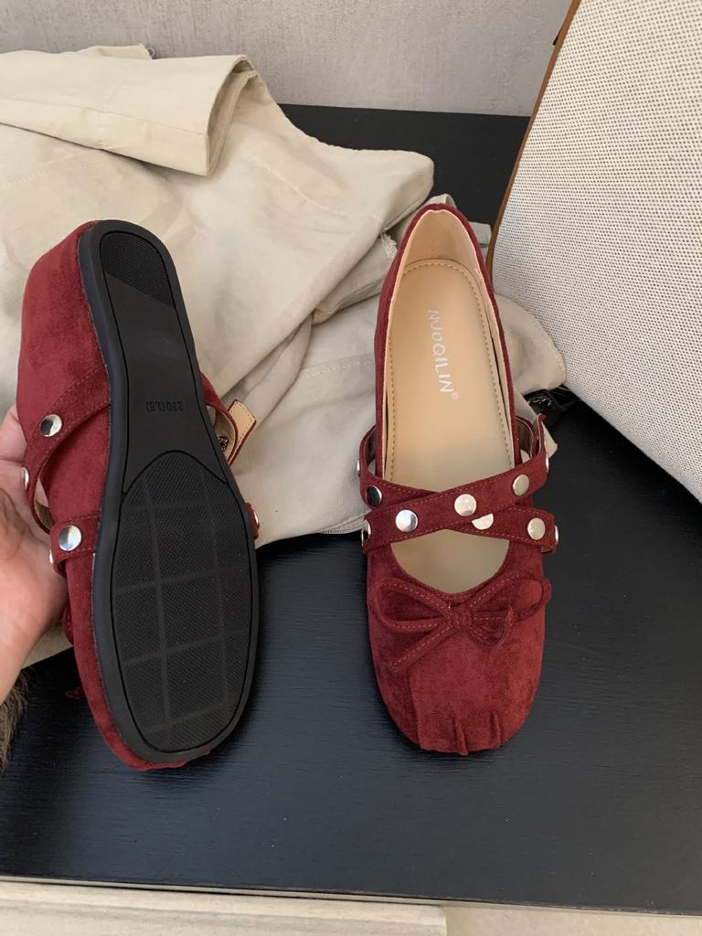 2025 autumn new round head ballet inner height increase cross with rivets commuting temperament women's shoes