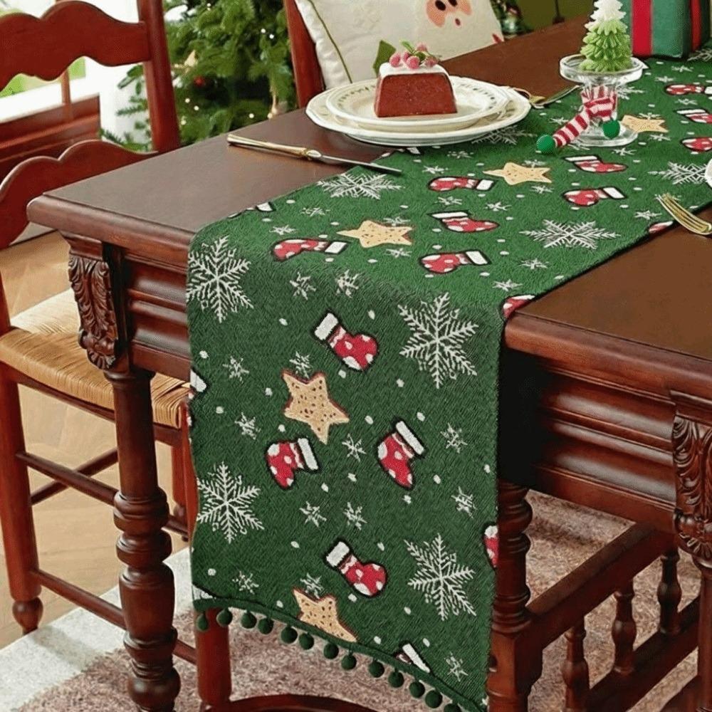 Polyester Christmas Table Runner Santa Claus Pattern Snowflake Pattern Table Flag Multi-Color Tassel Cartoon Pattern
