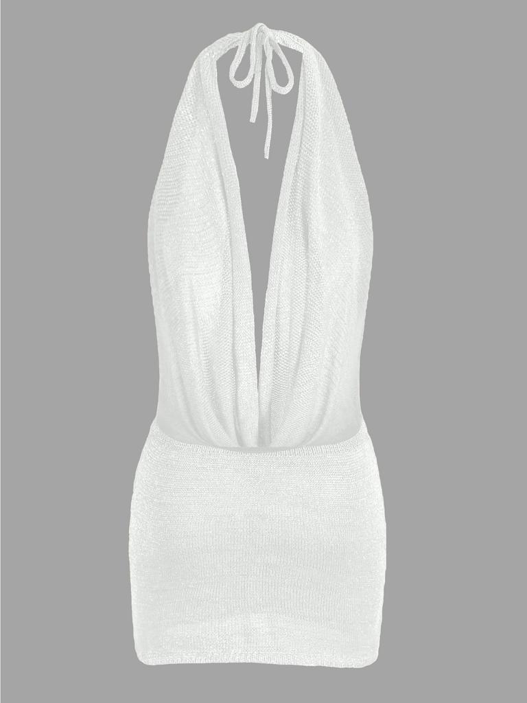 Mini Abito Arancione Lavorato a Maglia Halter da Donna Profondo Scollo a V Schiena Nuda Copricostume da Spiaggia Abito da Festa K145