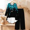 Geometric Pattern Print Two Piece Outfit Women Long Sleeve Irregular Hem Tunic Top Wide Leg Pants Casual Matching Set