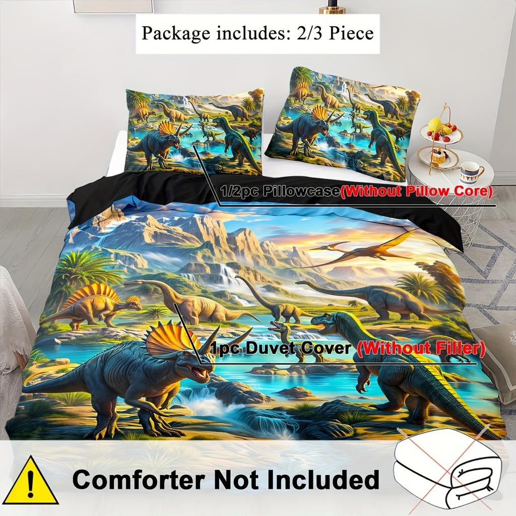 3D Dinosaur Print Duvet Cover Set Zipper Closure-100% Polyester Breathable Bedding Set All-Season Animal Theme Bedroom Decor