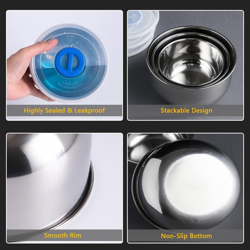 3-piece Mixing Bowl with Non-slip Stainless Steel Lid Serving Bowls Storage Bowls Stacking Metal Bowl with Hermetic Lids | Bowls