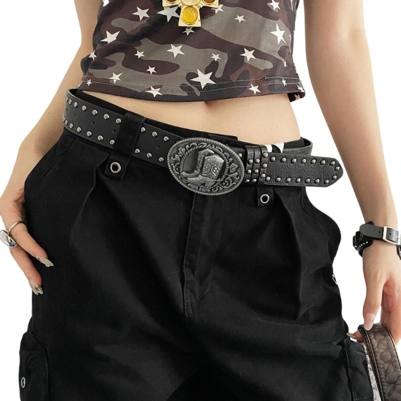 

Punk Adjustable Women s Belt Embellished with Retro Studs and Carved Detailing for Edgy Fashion Looks чёрный