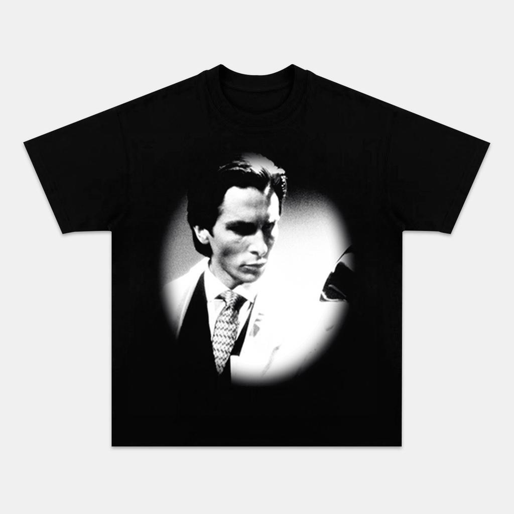 Black Front Print Retro Cult Thriller Male Portrait Round Vignette Black White Photo Loose Oversized Cotton Street Top