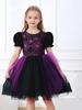 Girls' Halloween Short Sleeve Spiderweb Dress - Black & Purple Party Style with Mesh Puffy Skirt