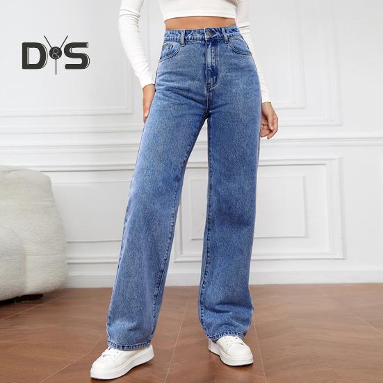 Dámské Džíny Vysoký pas Zip Zapínání na knoflík Jednobarevný Slim Fit Široká noha Retro Rovné kapsy Měkké stálobarevné Dámské Džínové kalhoty