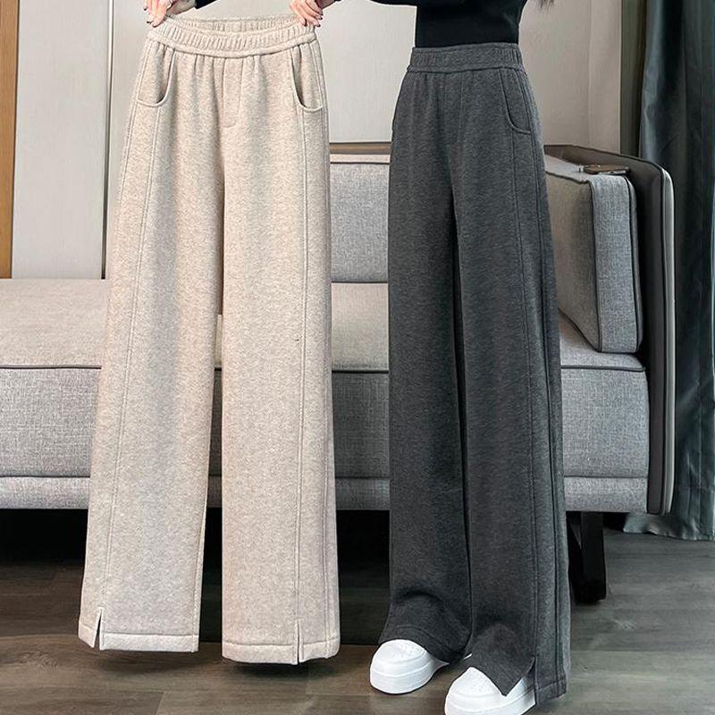 2026 Autumn/Winter Women's High-Waisted Herringbone Wide-Leg Pants with Plus Velvet and Slit, Slim Straight-Leg Design