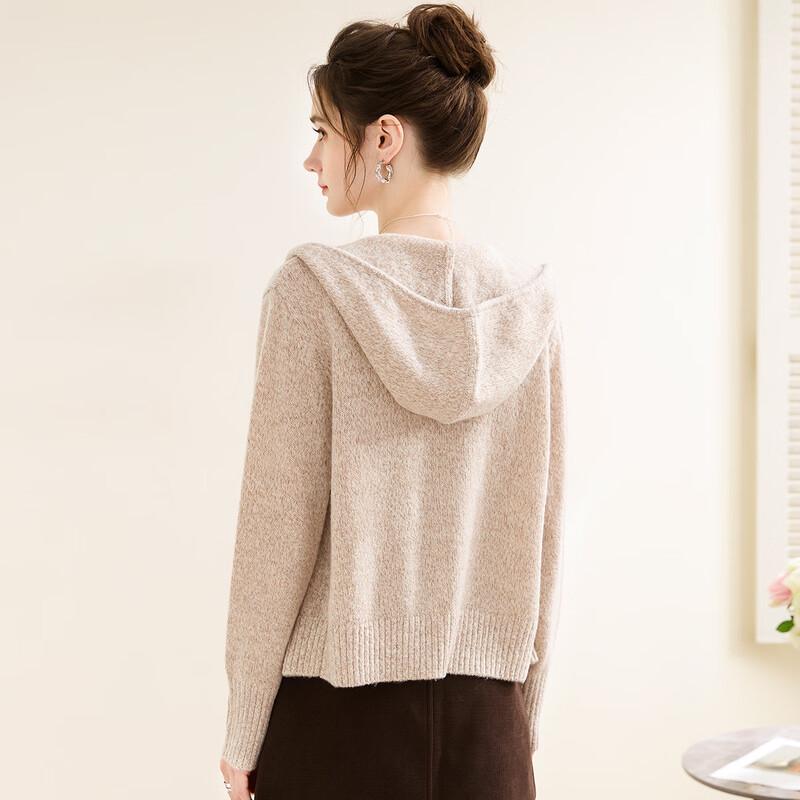 TUHUANG Women's Pure Wool Heathered Hooded Zipper Cardigan