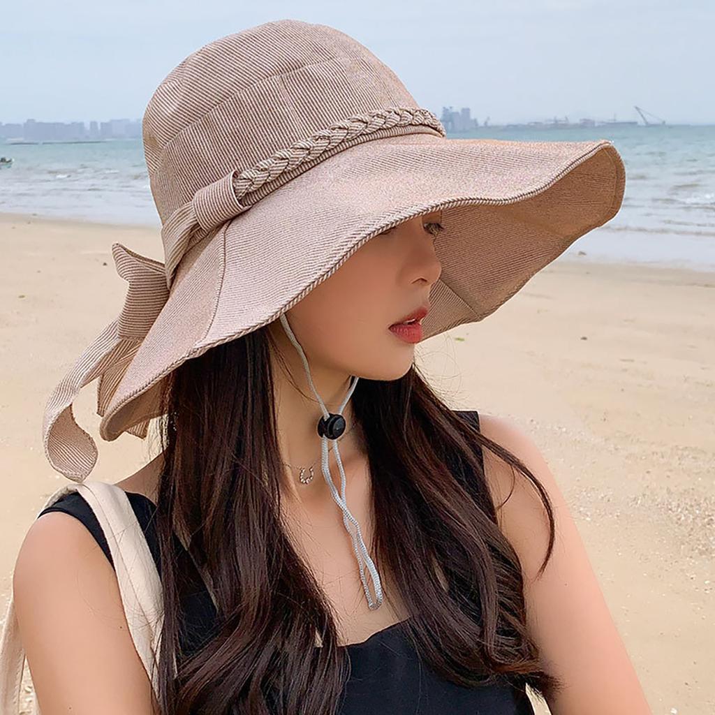 Summer Braided Bowknot Fishermen Hat for Women Wide Brim Fordable Sunshade Lace-up Bucket Cap Korean Girl Lady Travel Visor Hats