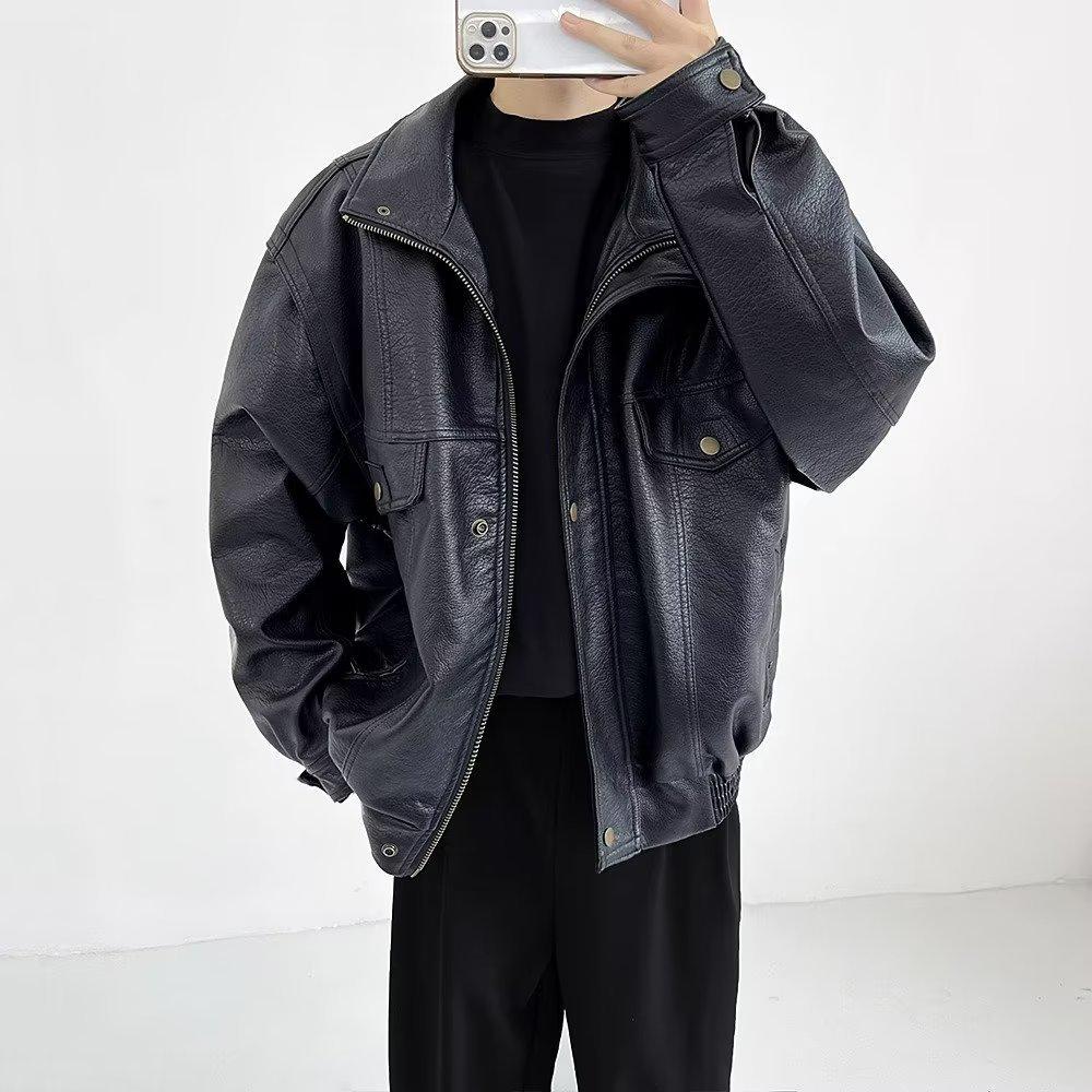 Men's Handsome PU Leather Motorcycle Jacket - American Retro Casual Loose Fit Parka.