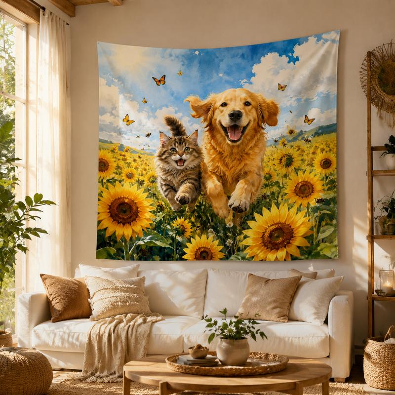 Beruhigendes Sonnenblumenfeld-Wandteppich, Golden Retriever und Katze rennend Wandbehang, Wanddekoration im Landhausstil, Heimdekoration