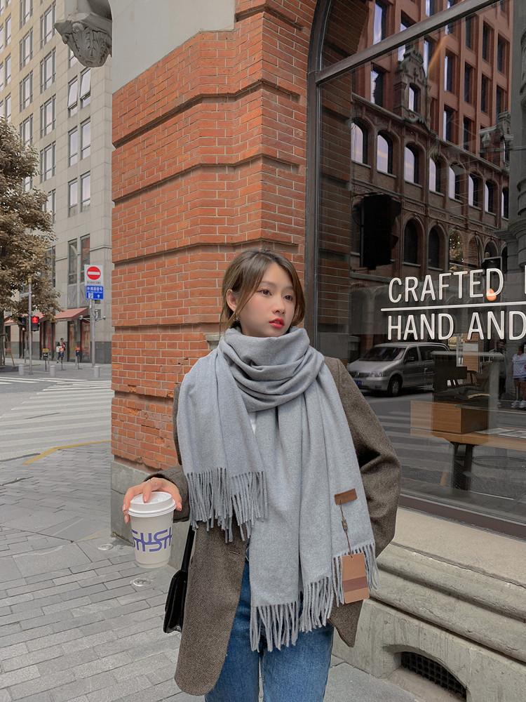 Scarf Women's Autumn and Winter Warm Thickened Cashmere Scarf Versatile Fringed Shawl Korean Version Solid Color Scarf