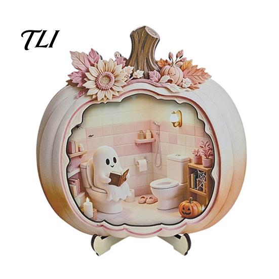 Wooden Halloween Night Light Ghost Pumpkin Plaque, 2D Flat Tabletop Sign, Table Decor Spooky Bathing Reading Ornament for Home Office Mantel