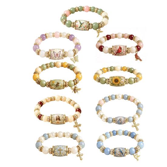 Bluebird Blessings Bracelet, Inspirational Hummingbird Strength Beaded Bracelet, Green Beads Cherry Blossoms Inspirational Jewelry for Women Spring