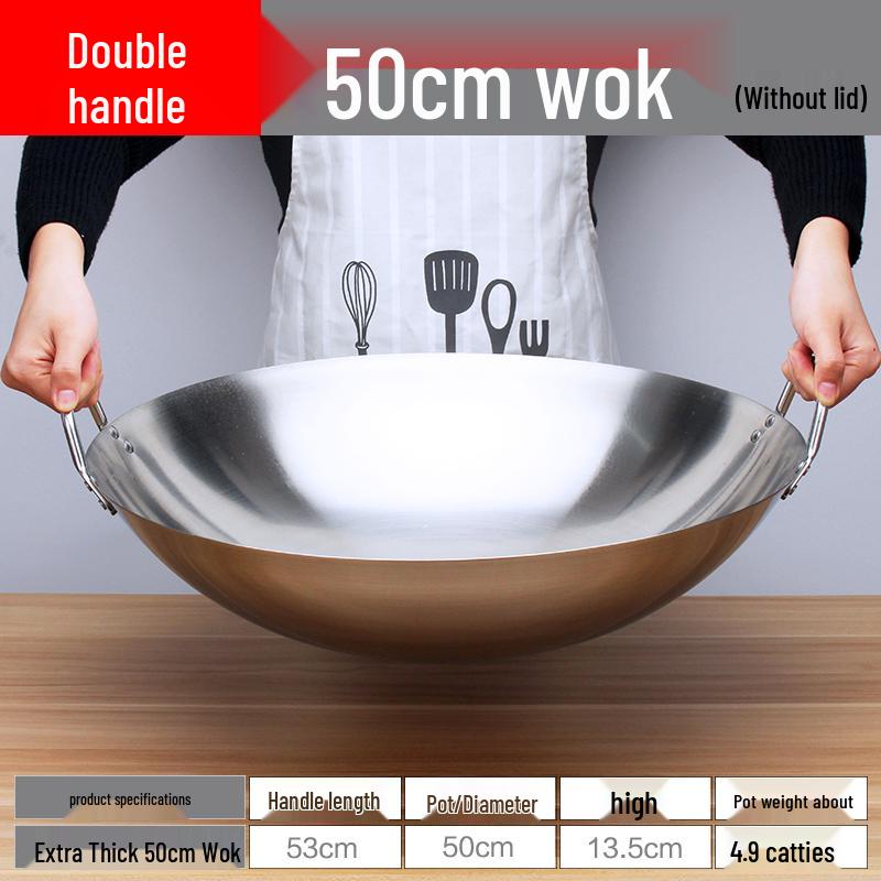 Extra Thick Non-Magnetic Stainless Steel Wok, 34-100cm Round Bottom with Double Ears for Commercial Use