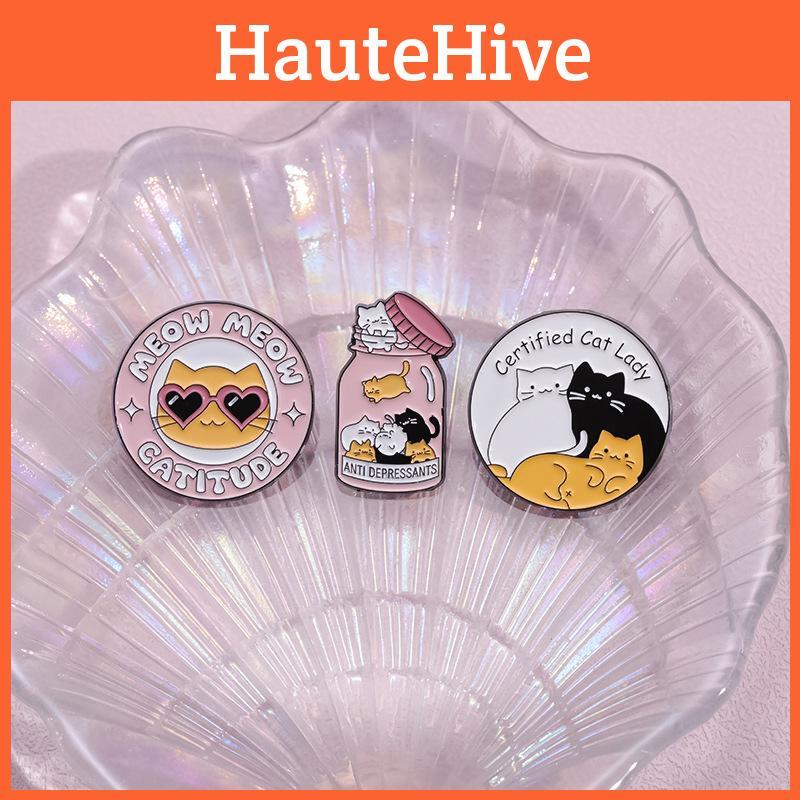 Charming Round Cat Character Pins With Stylish Letters Ideal For Fashionable Outfits