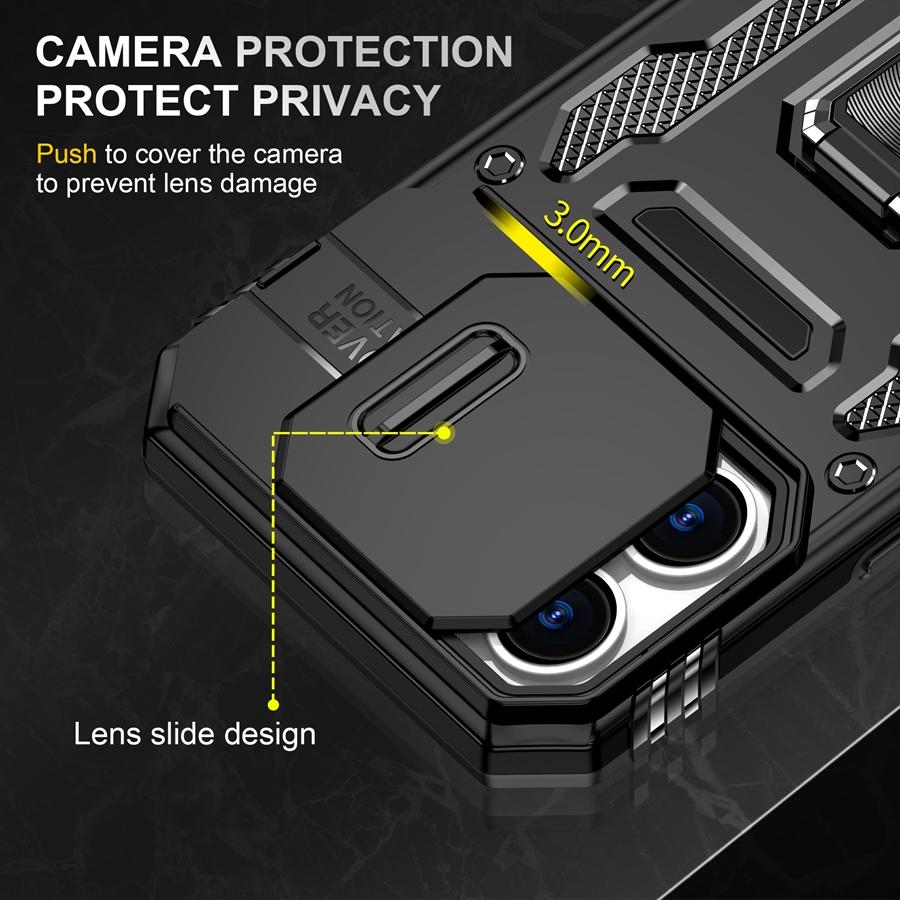 Military-Grade Armor Phone Case with Slide Camera Cover & 360° Rotating Magnetic Stand for iPhone 16 15 14 13 Shockproof Hybrid Car Mount Compatible