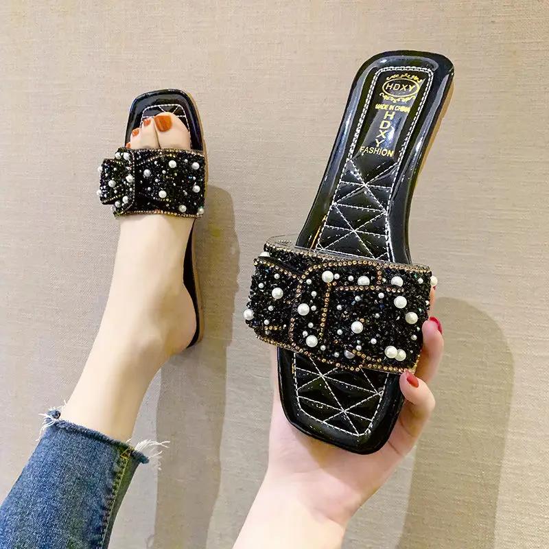 

Модные шлепанцы для улицы, плоские женские тапочки и женские сандалии с открытым носком на платформе, обувь с надписью, сексуальные со стразами и бантом, роскошная повседневная обувь VIP 40 чёрный