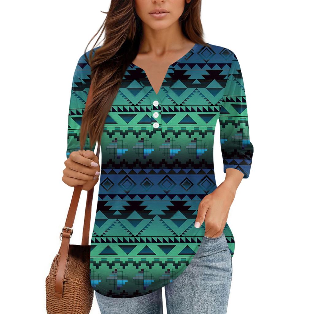 Damen V-Ausschnitt Freizeit Dreiviertelarm Knopf-Detail Top mit Blumenmuster