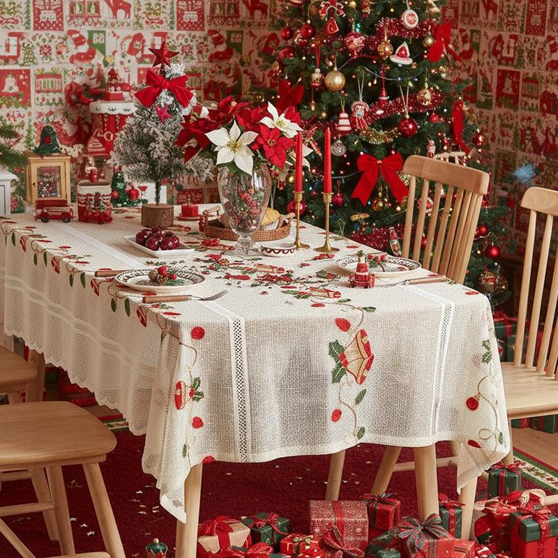 Beige Lace Tablecloth Christmas Bells Embroidered Table Cloths Square Xmas Table Covers For Kitchen Dining Room Home Decorations