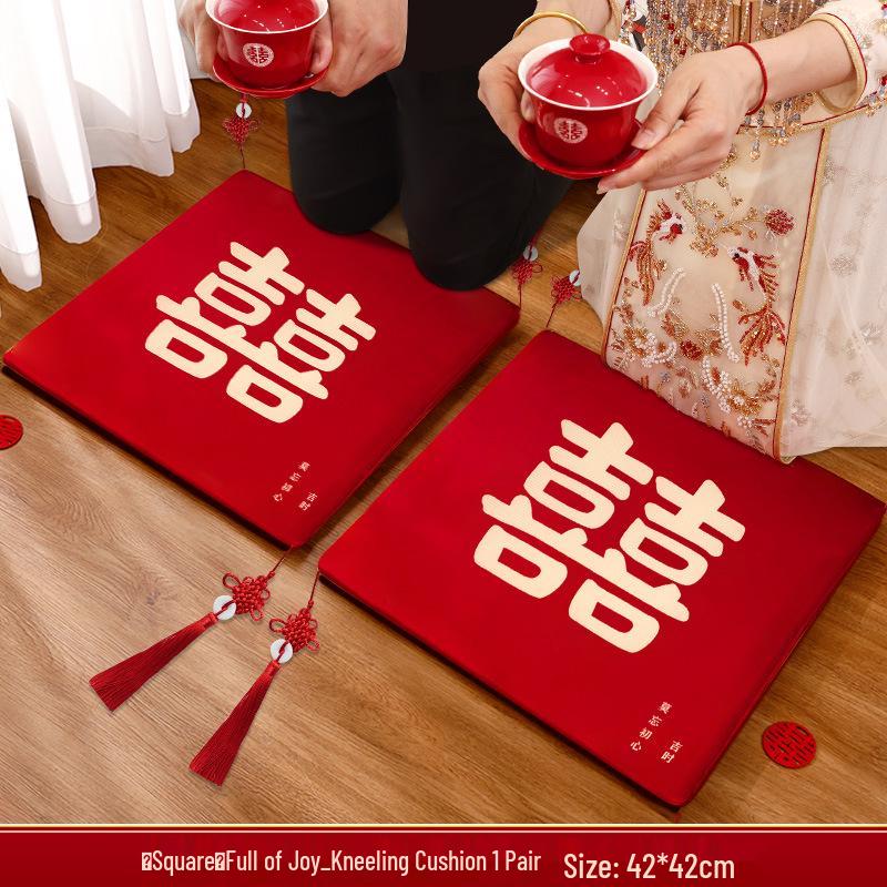 Red Double Happiness Wedding Ceremony Kneeling Cushions Set for Bride – Perfect for Tea Ceremony and Special Occasions