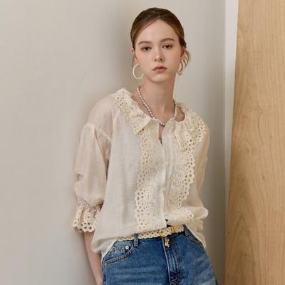 Round Collar Eyelet Lace 7 Sleeve Blouse Ze08qb500nh