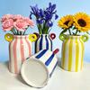 Vaso Fiori Strisciato in Ceramica con Doppi Manici, Piccolo Vaso Decorativo Dipinto a Mano per Fiori, Erba della Pampa, Vaso Portafiori a Bocca Larga per Soggiorno