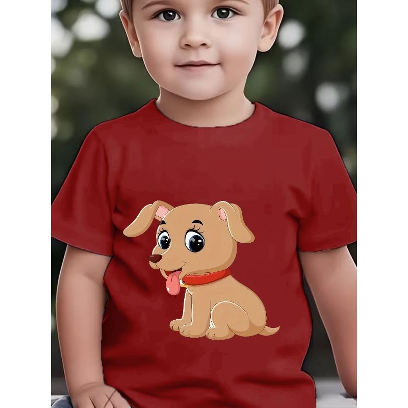 European Sizes Boys' Short-Sleeve T-Shirt with Cute Light Brown Puppy Cartoon Print, Big Eyes and Long Eyelashes