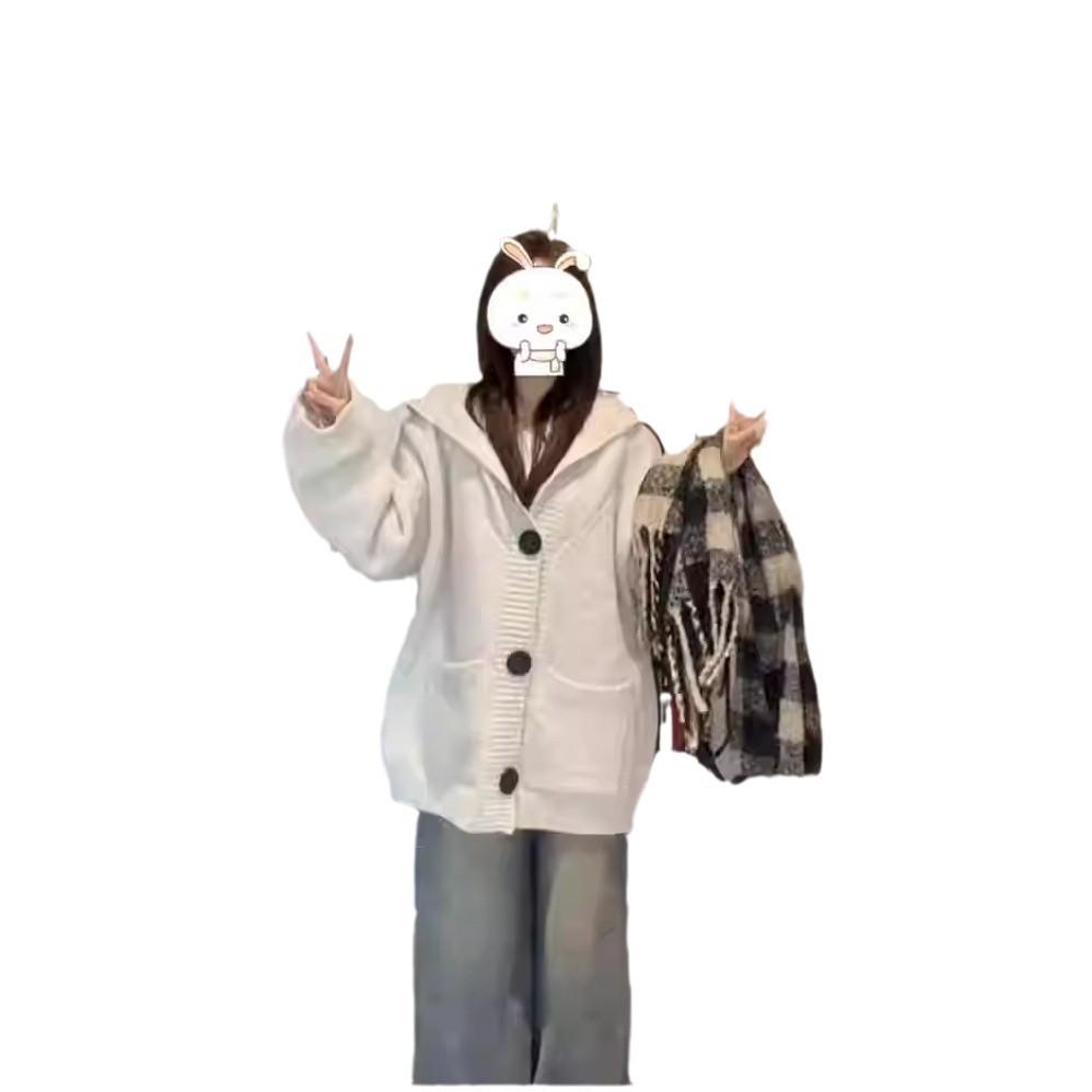 2024 High-End College-Style Hooded Pocket Cardigan: Autumn/Winter Loose Knit Sweater Coat