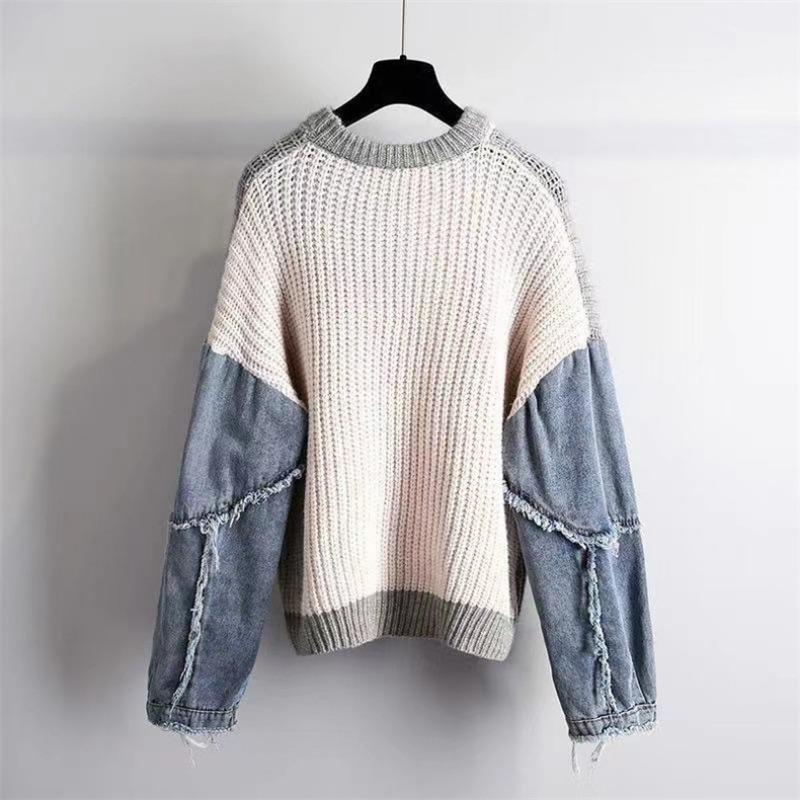 Sweater Denim Patchwork Twist Pullover Top for Girls