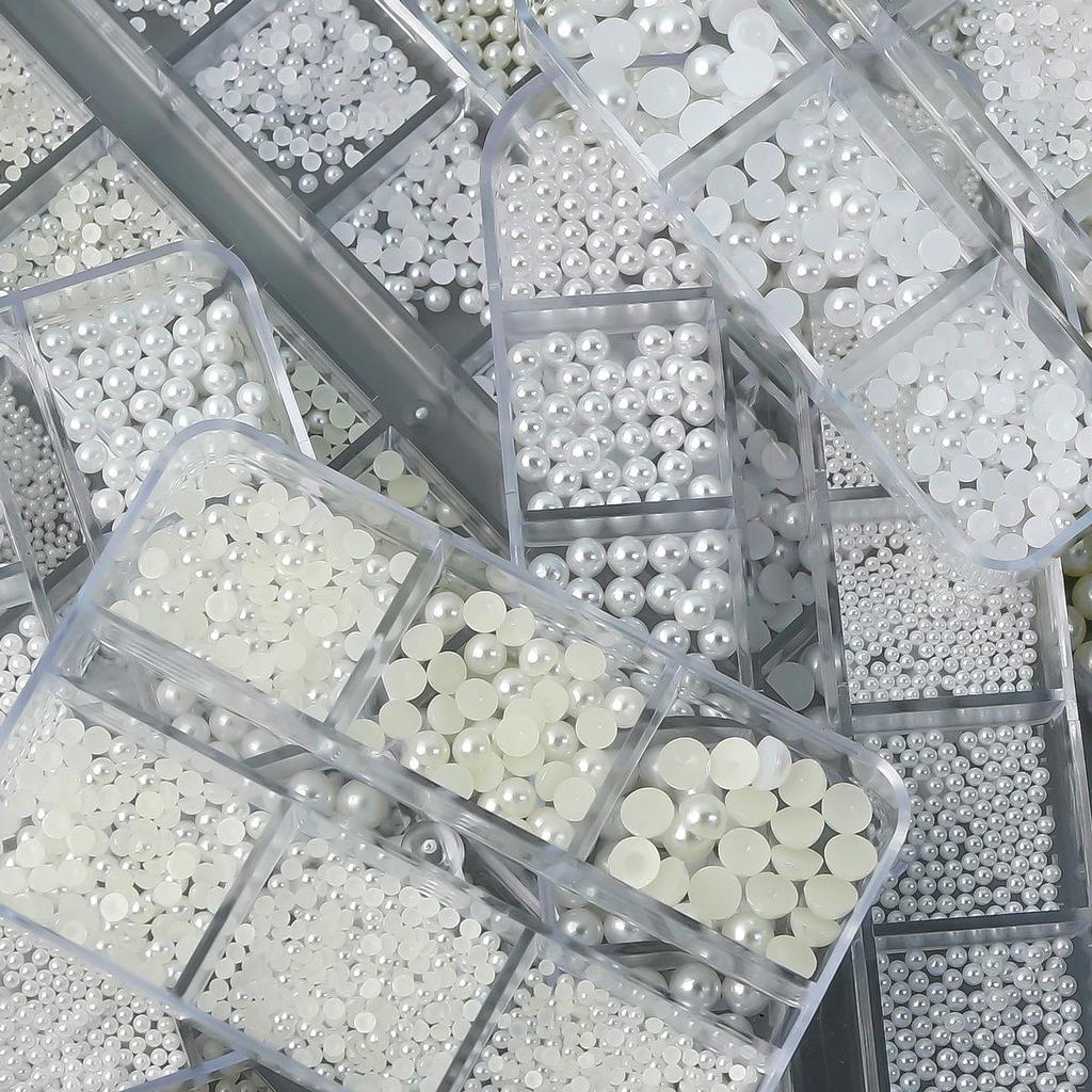 12-Grid High-Gloss Pearl Rice White Nail Art Decorations: 6-Piece Round and Half-Round Mixed Size Set