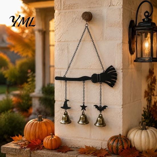 Garden Decor Wind Chime Halloween Witch Broom Chime, Holiday Party Decorative Hanging Bell Metal for Indoor Outdoor Patio Porch Decoration