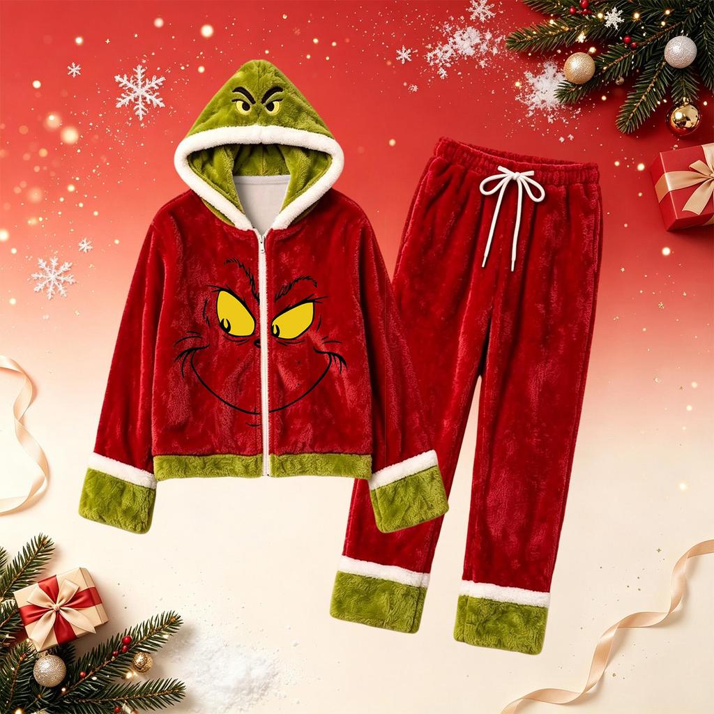 Women's Casual Christmas Print -Lined Hooded Pajama Set with Pants Loungewear