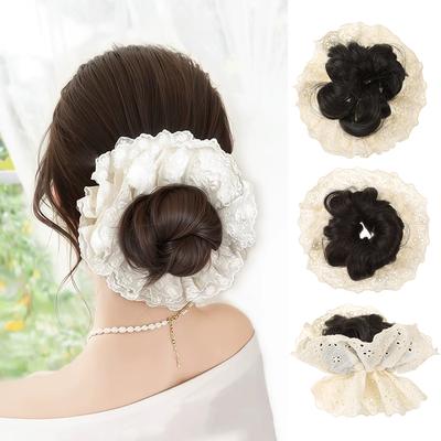 Wig a Ball Shaped Bun Elastic Scrunchie Hair Bands Girls Hair Accessories Ethnic Style a Bun Hairstyle Headband Ponytail Holder
