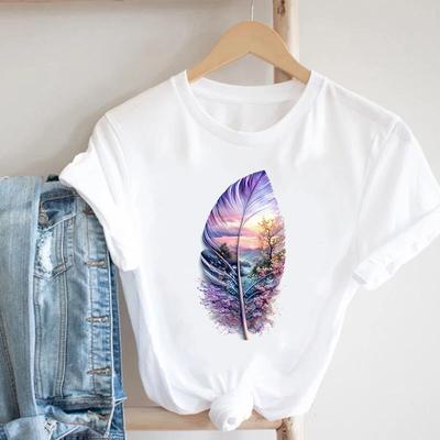 (Asian Size) T Shirt Fashion Feather Trend Cute 90s Women Clothing Casual Top Short Sleeve Tee Print Lady Female Graphic T-shirts