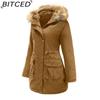 BITCED Fleece-Lined Cotton Coat with Hood and Fur Collar Winter Warmth Outerwear Plus Size Women's Cotton Jacket