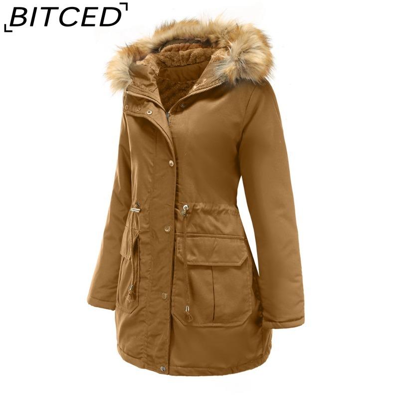 BITCED Fleece-Lined Cotton Coat with Hood and Fur Collar Winter Warmth Outerwear Plus Size Women's Cotton Jacket