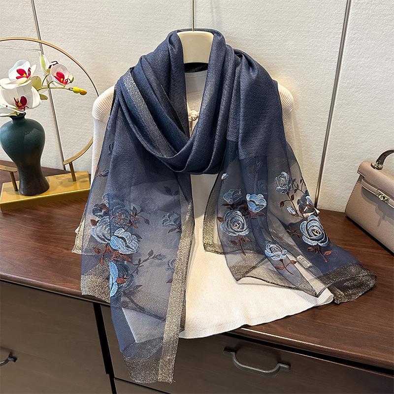 Simulation Silk Handmade Embroidered Scarf Spring And Autumn High-End Foreign Silk Scarf Femininity Easy To Match Decorative Shawl