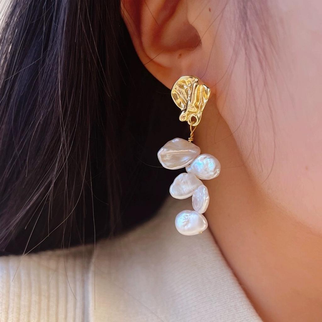 Elegant Temperament Earrings Natural Baroque Special-shaped Petals Pearl Stud Earrings Women's Earrings Tide Silver Needle Temperament Trend