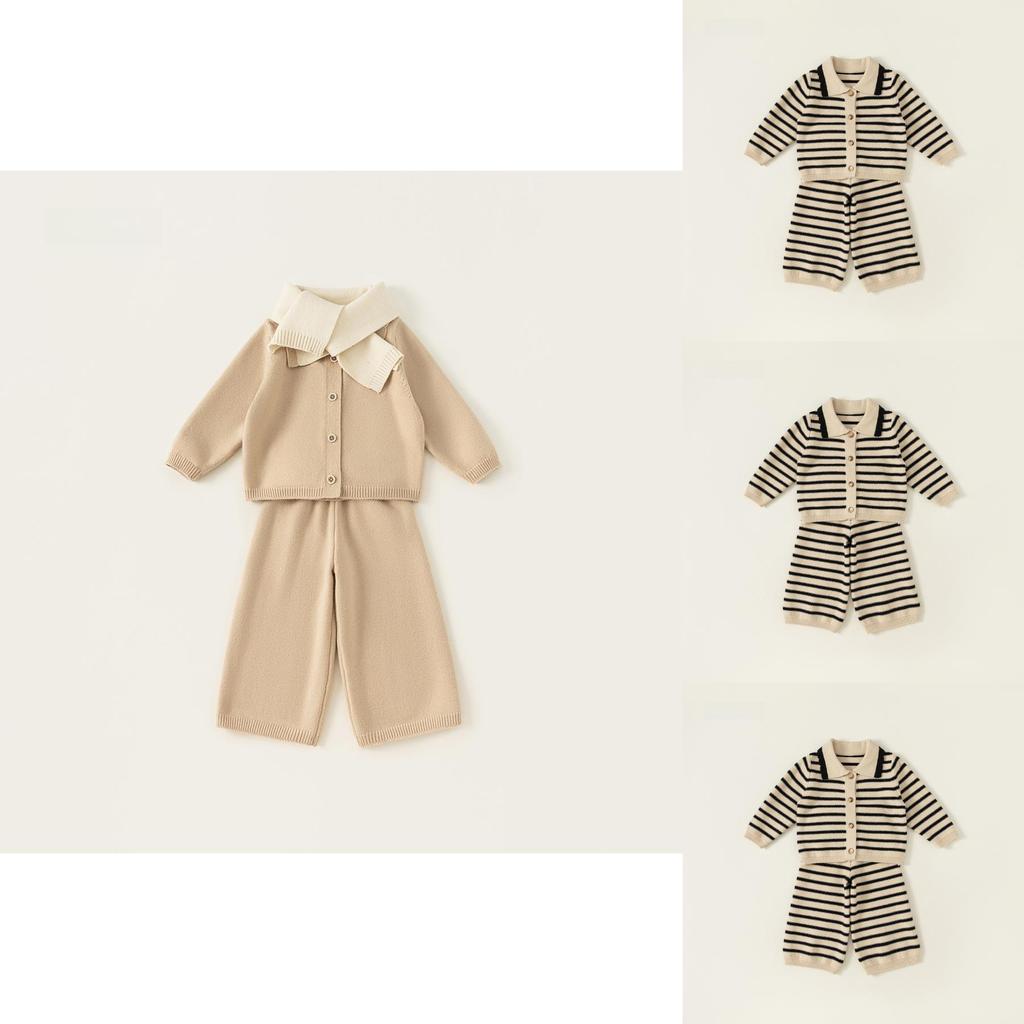 Childrens Striped Knit Threepiece Set With Long Sleeve Pants For Toddler Girls