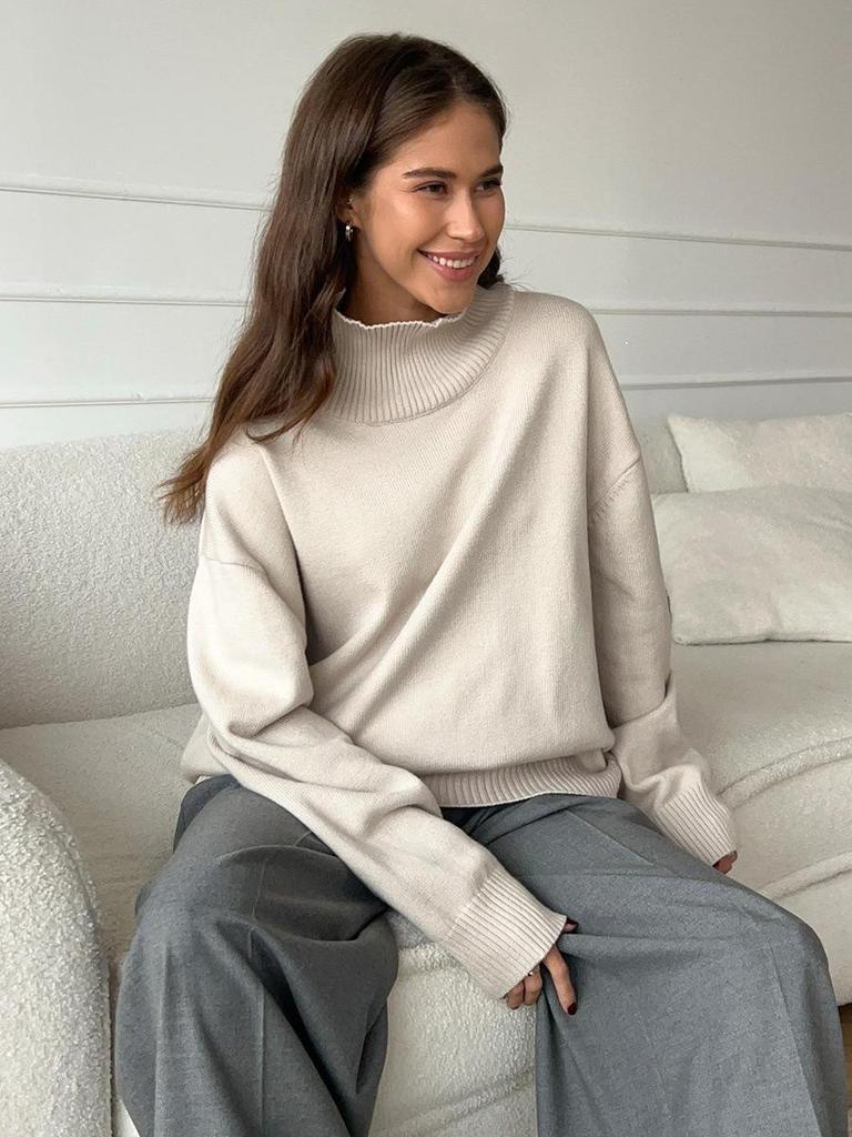 2025 European & American High Neck Casual Solid Color Knit Sweater - Autumn/Winter Versatile