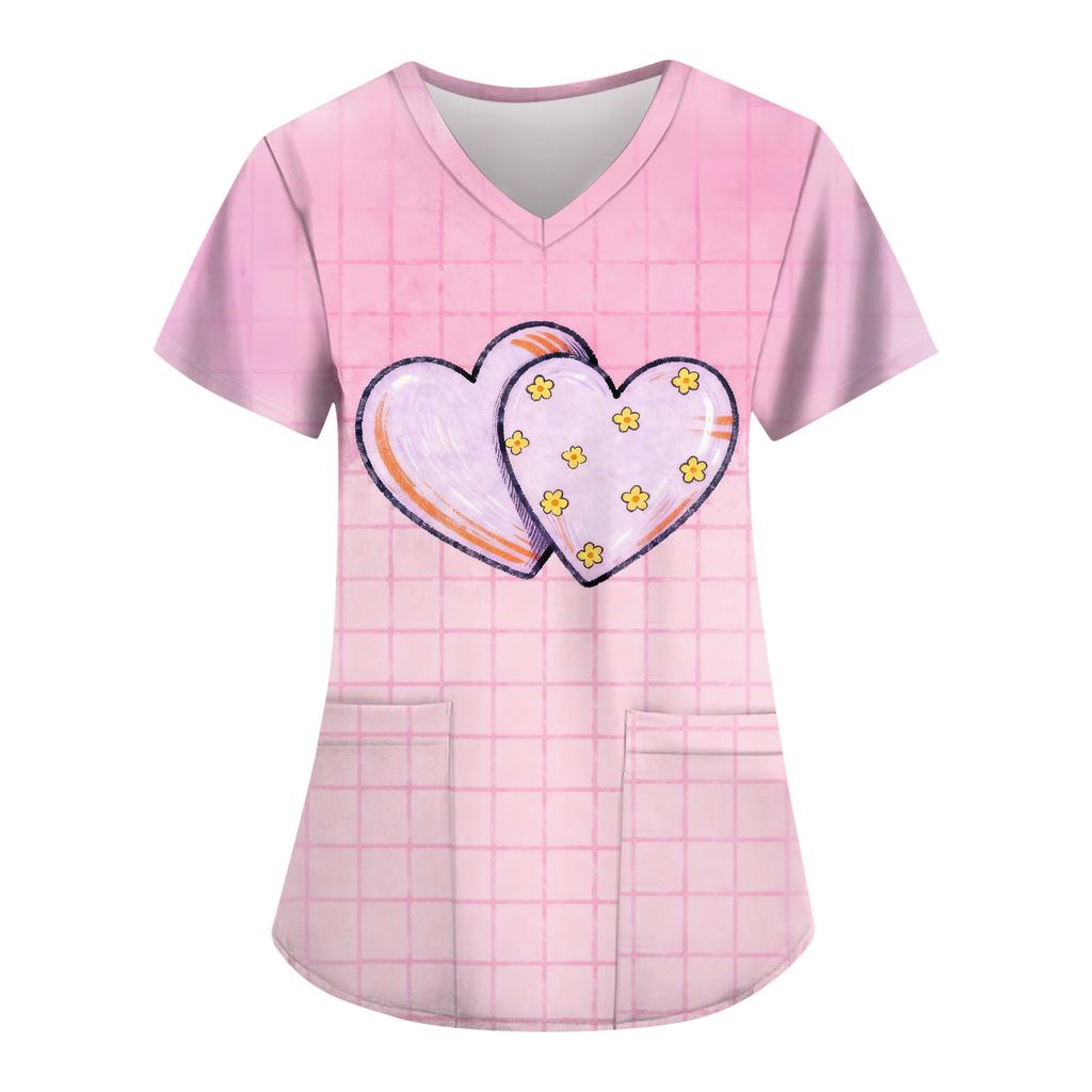 Women's Fashion Printed Short Sleeve V Neck Pattern Tops Pocket Working T-shirts